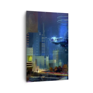 Cuadro sobre lienzo - Impresión de Imagen - Ciudad futurista de noche con luces de neón y un vehículo volador. - 80x120cm - En un futuro próximo - Decoración de pared moderna para salón y dormitorio ARTTOR