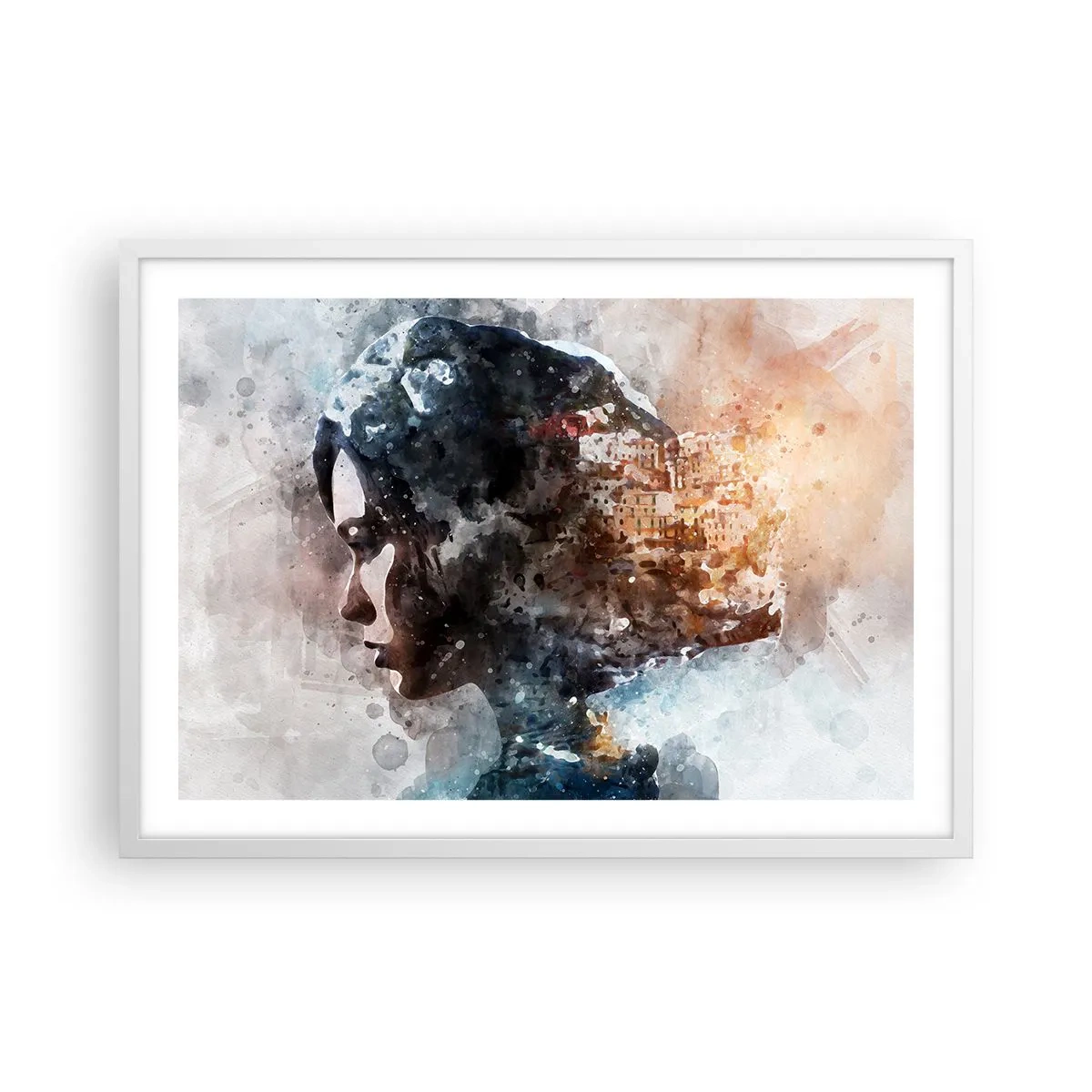 Póster en marco blanco - Una historia sobre una niña con una ciudad de fondo - 70x50 cm