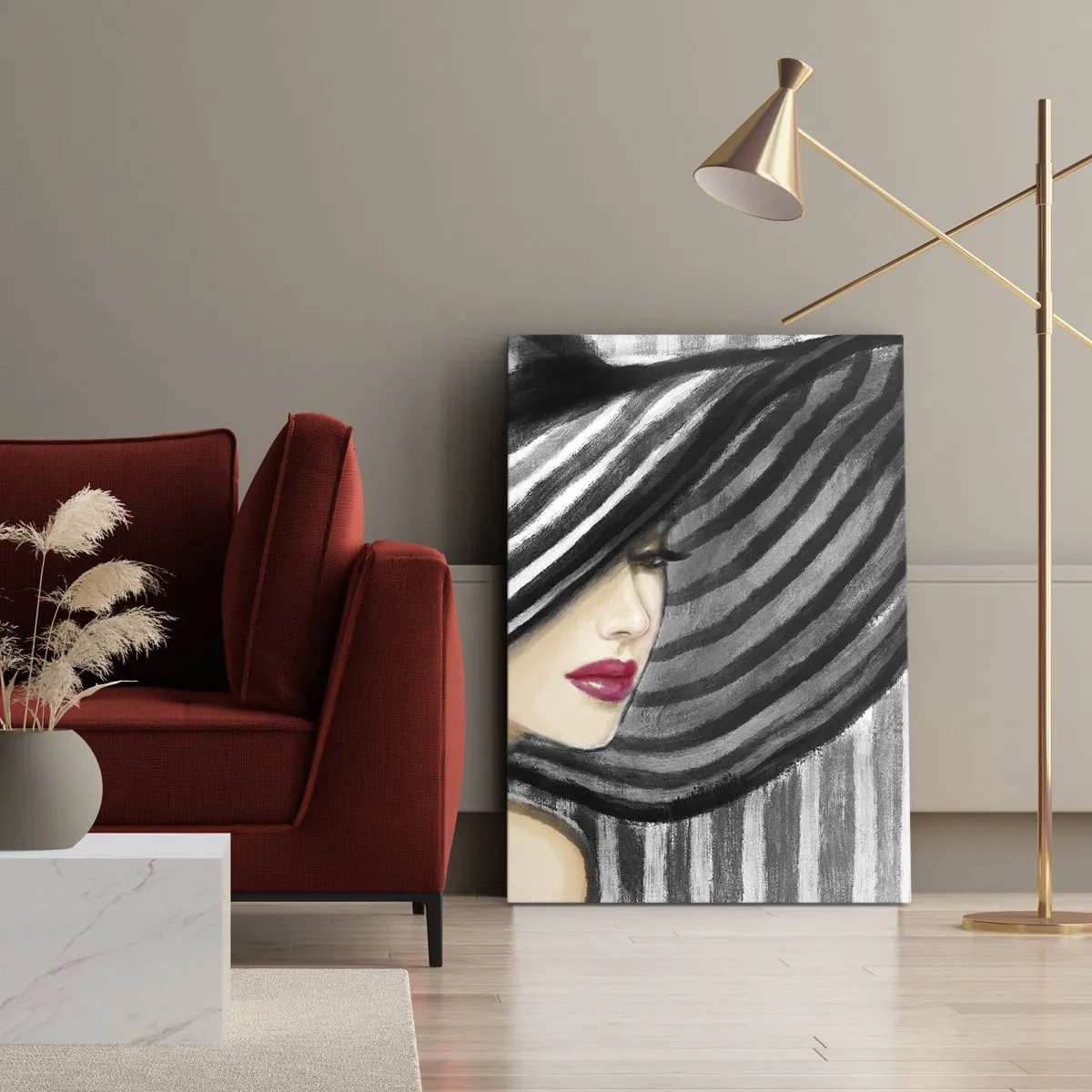 Cuadro sobre lienzo - Impresión de Imagen - Mujer con un sombrero blanco y negro con acento rojo. - 50x70cm - ¿Dónde puedo encontrarte? - Decoración de pared moderna para salón y dormitorio ARTTOR