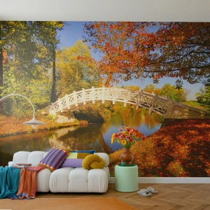 Fotomural Premium Sand - En un puente blanco de suspiros - Paisaje, Parque, Puente de madera - 400x280 cm