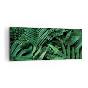 Cuadro sobre lienzo - Impresión de Imagen - Hojas tropicales verdes en una composición densa y natural. - 120x50cm - Abrazo verde - Decoración de pared moderna para salón y dormitorio ARTTOR