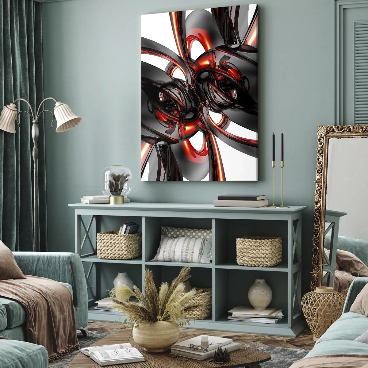 Cuadro sobre lienzo - Impresión de Imagen - Gráficos 3D abstractos con elementos negros y rojos - 50x70cm - Movimiento en grafito y rojo - Decoración de pared moderna para salón y dormitorio ARTTOR
