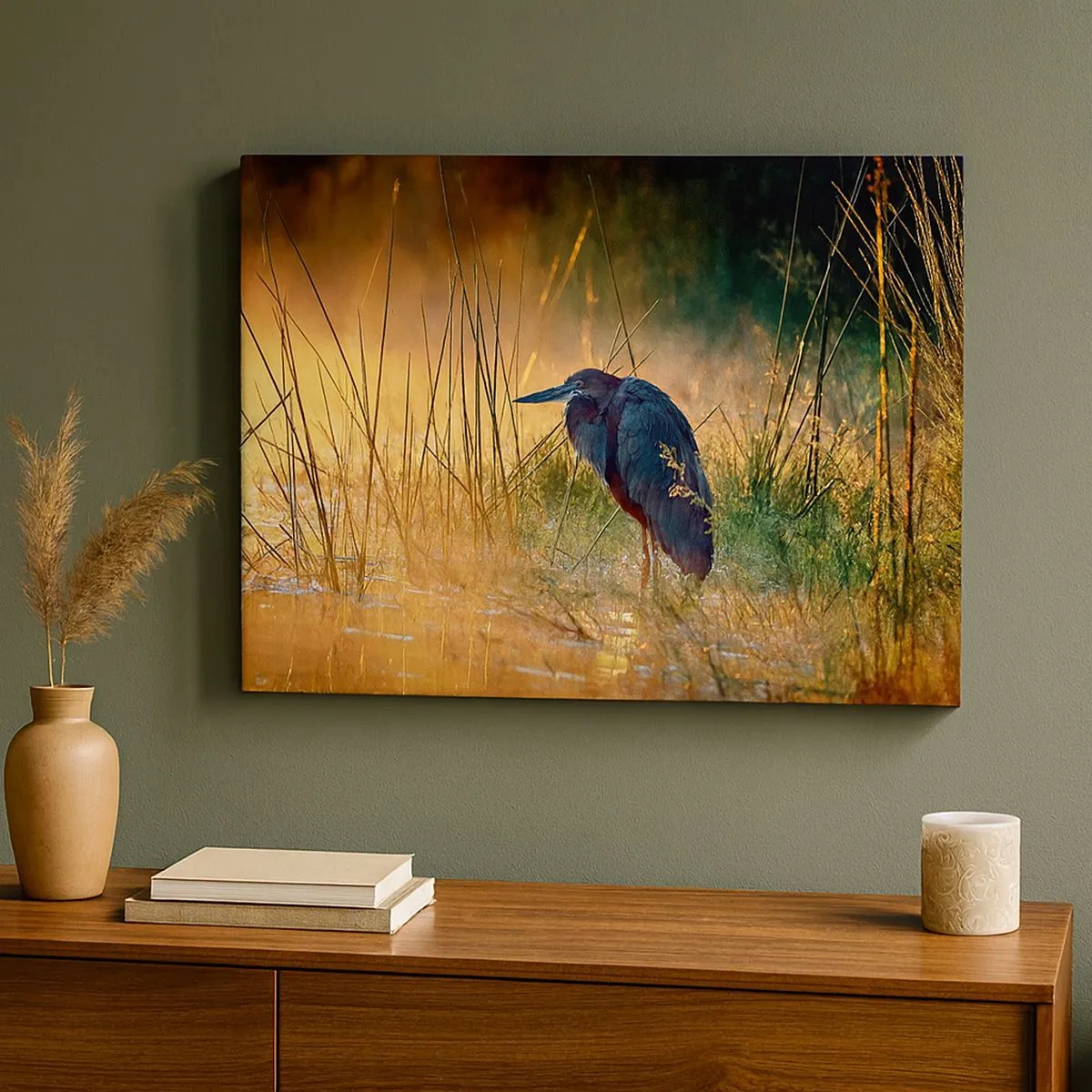Cuadro sobre lienzo - Impresión de Imagen - Una garza en los humedales al atardecer entre hierbas altas. - 70x50cm - Dame un respiro con estas fotos - Decoración de pared moderna para salón y dormitorio ARTTOR