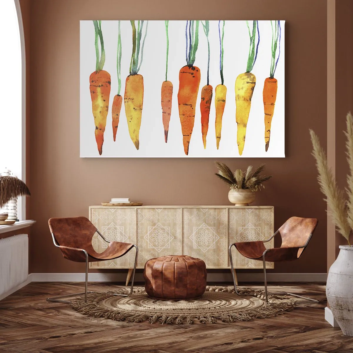Cuadro sobre lienzo - Impresión de Imagen - Zanahorias de acuarela en diferentes tonos sobre un fondo blanco. - 70x50cm - La belleza de lo ordinario - Decoración de pared moderna para salón y dormitorio ARTTOR
