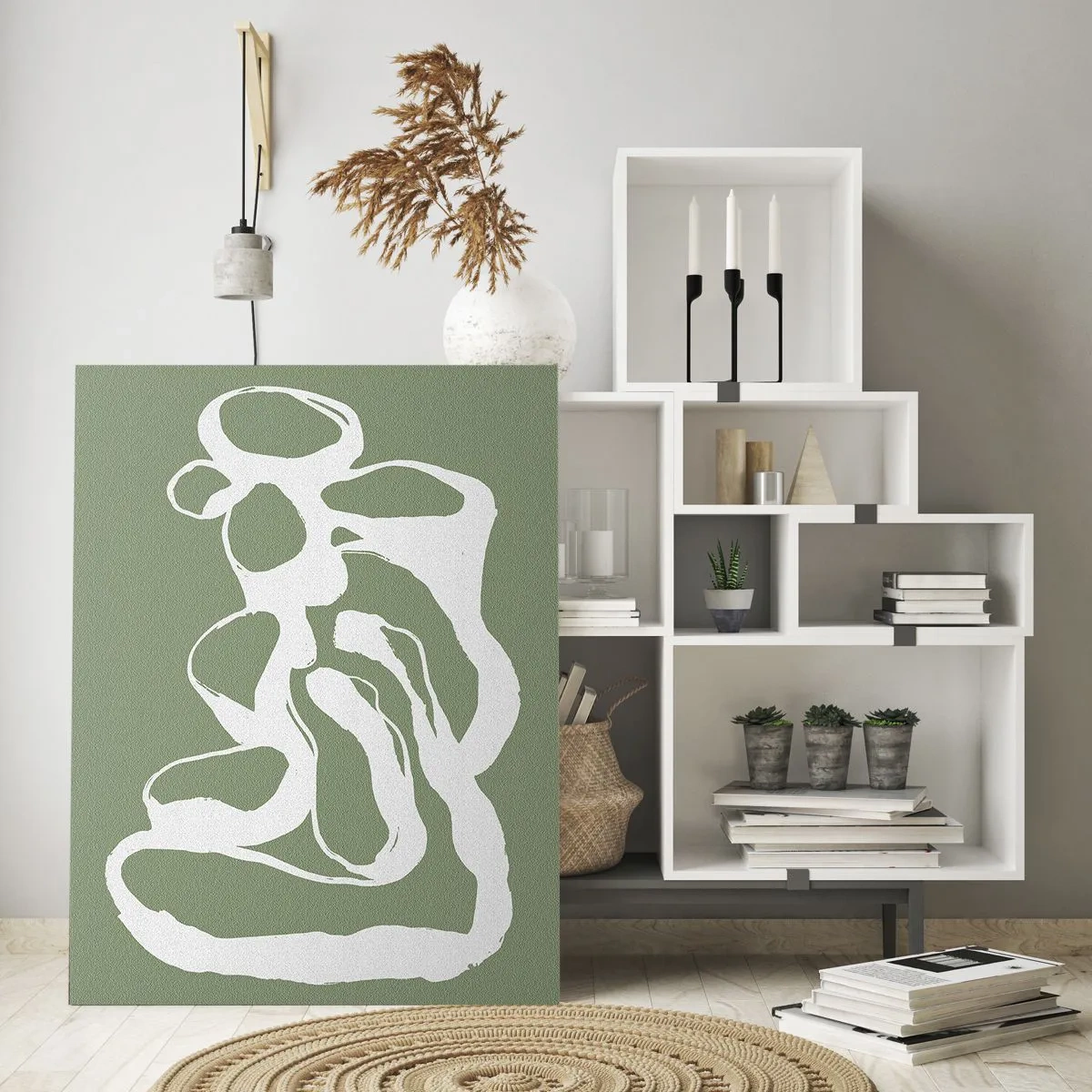 Cuadro sobre vidrio - Impresiones sobre Vidrio - Forma orgánica abstracta blanca sobre un fondo oliva - 50x70cm - La llamada del espacio - Decoración de pared moderna para salón y dormitorio ARTTOR