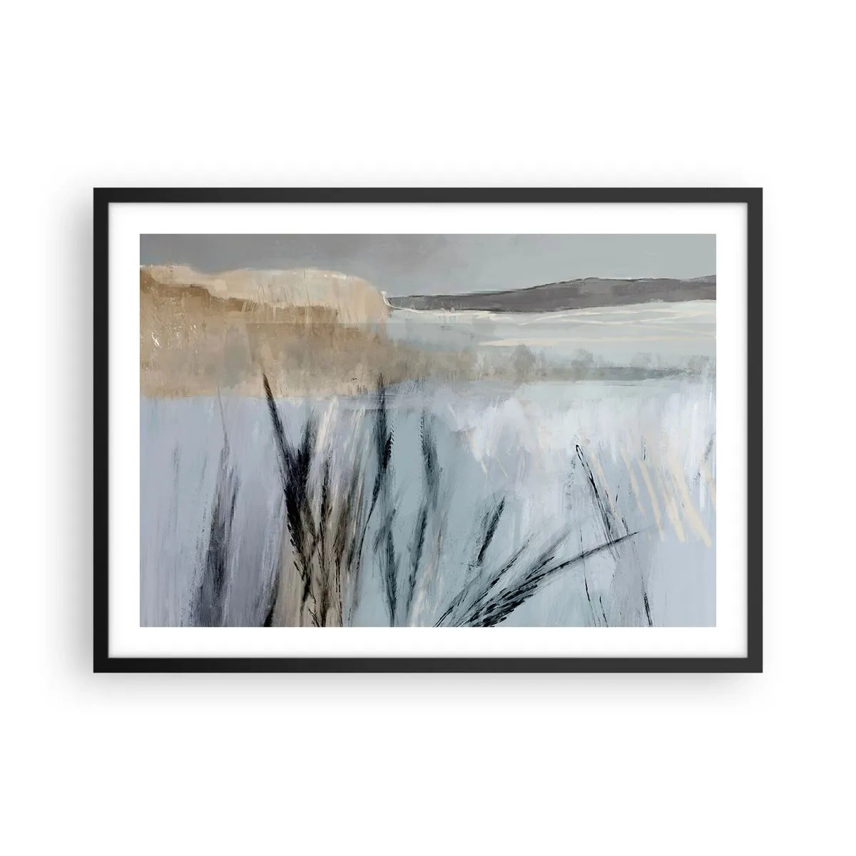 Póster en marco negro - Un pintoresco paisaje invernal con campos y pastos. - 70x50cm - Campos de invierno - Decoración de pared moderna para salón y dormitorio ARTTOR