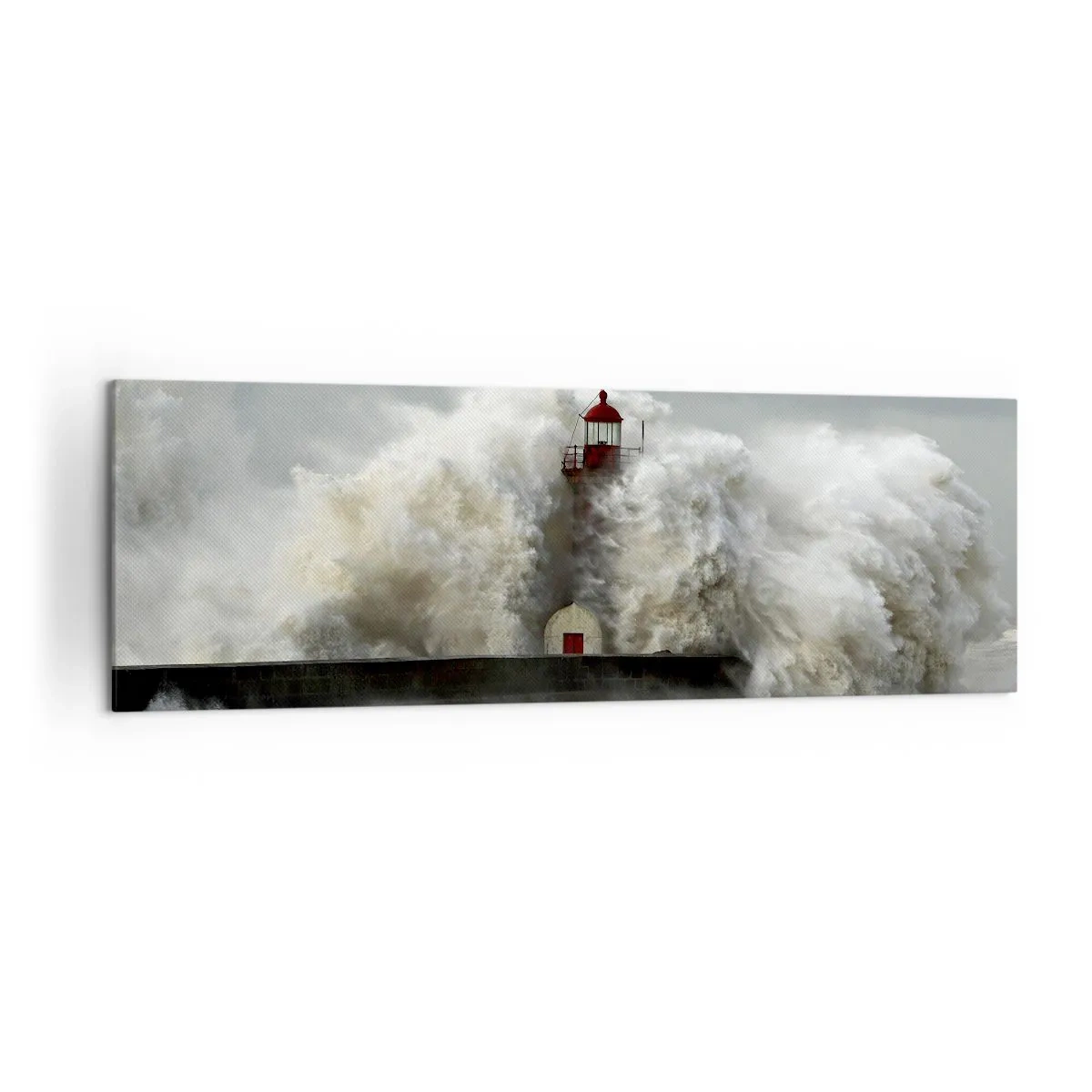 Cuadro sobre lienzo - Impresión de Imagen - Un faro rodeado de fuertes olas durante una tormenta. - 160x50cm - La furia del océano - Decoración de pared moderna para salón y dormitorio ARTTOR