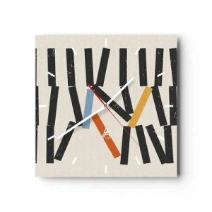 Reloj de pared - Reloj de vidrio - Composición abstracta con rectángulos de colores y negros. - 30x30cm - Dominó - composición - Decoración de pared moderna para salón y dormitorio ARTTOR