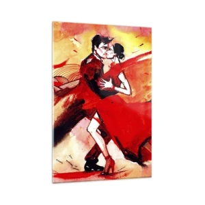 Cuadro sobre vidrio - Impresiones sobre Vidrio - Una pareja bailando tango en tonos rojos sobre un fondo dinámico. - 80x120cm - Ritmo púrpura de la pasión - Decoración de pared moderna para salón y dormitorio ARTTOR