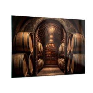 Cuadro sobre vidrio - Impresiones sobre Vidrio - Un viñedo con barricas y una bodega iluminada llena de botellas. - 70x50cm - Sótano atmosférico - Decoración de pared moderna para salón y dormitorio ARTTOR