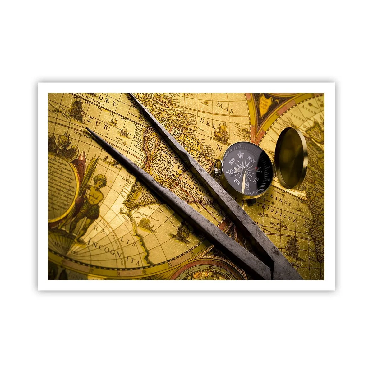 Póster - Un mapa del mundo antiguo con una brújula y un par de brújulas en el fondo. - 100x70cm - ¿Dónde están los tesoros? - Decoración de pared moderna para salón y dormitorio ARTTOR