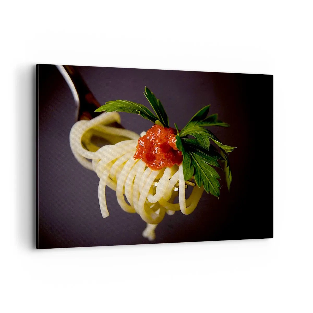 Cuadro sobre lienzo - Impresión de Imagen - Pasta espaguetis al tenedor con salsa de tomate y perejil - 100x70cm - Un sabroso bocado - Decoración de pared moderna para salón y dormitorio ARTTOR