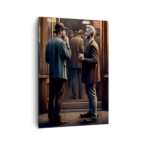 Cuadro sobre lienzo - Impresión de Imagen - Escena callejera con gente frente a un café retro. - 50x70cm - Un buen momento del día - Decoración de pared moderna para salón y dormitorio ARTTOR