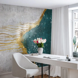 Fotomural Premium Canvas - Una composición abstracta en tonos dorados y turquesas. - 100x70cm - Marea dorada - Decoración de pared moderna para salón y dormitorio ARTTOR