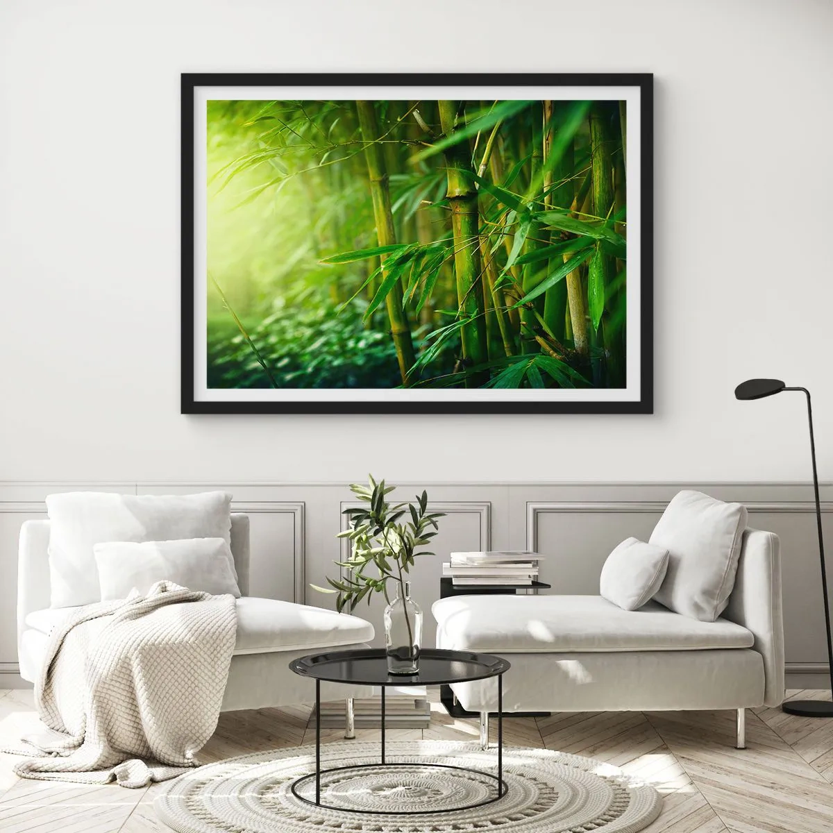 Póster en marco negro - Bosque de bambú verde bajo una luz suave - 70x50cm - Conocer el propio verdor - Decoración de pared moderna para salón y dormitorio ARTTOR