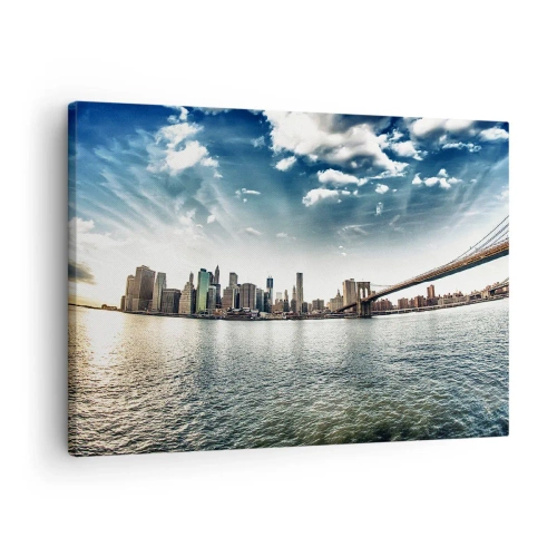 Cuadro sobre lienzo - Impresión de Imagen - Panorama de la ciudad con un puente contra el cielo azul. - 70x50cm - Isla de cristal - Decoración de pared moderna para salón y dormitorio ARTTOR