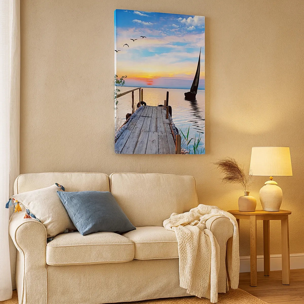 Cuadro sobre lienzo - Impresión de Imagen - Muelle del lago con barco y puesta de sol - 50x70cm - Que llegue la noche - Decoración de pared moderna para salón y dormitorio ARTTOR