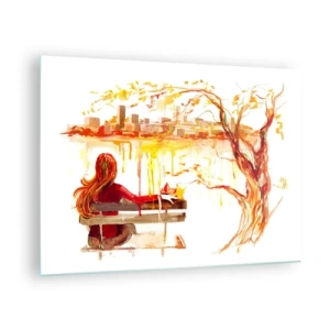 Cuadro sobre vidrio - Impresiones sobre Vidrio - Una figura en un banco con vistas a la ciudad en acuarela. - 70x50cm - Un momento de reflexión - Decoración de pared moderna para salón y dormitorio ARTTOR