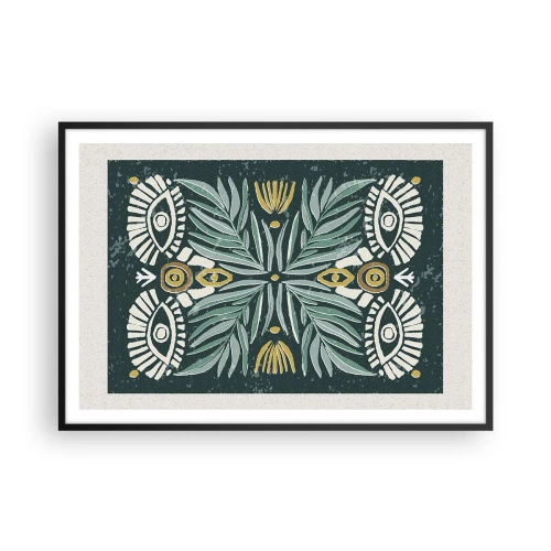 Póster en marco negro - Patrón de planta simétrica sobre un fondo verde. - 100x70cm - Como un recorte folclórico - Decoración de pared moderna para salón y dormitorio ARTTOR