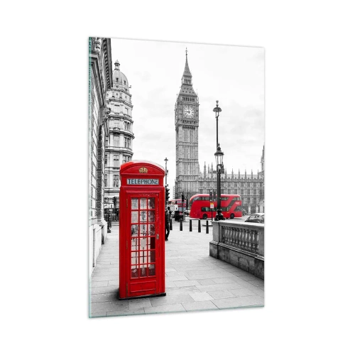 Cuadro sobre vidrio - Impresiones sobre Vidrio - Londres en blanco y negro con una cabina telefónica roja y un autobús - 50x70cm - Sin duda, Londres - Decoración de pared moderna para salón y dormitorio ARTTOR
