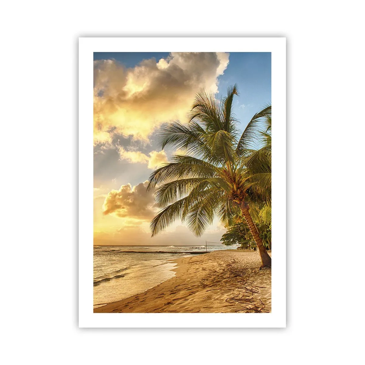 Póster - Playa con palmeras y un atardecer dorado - 50x70cm - El eterno verano, siempre de vacaciones - Decoración de pared moderna para salón y dormitorio ARTTOR