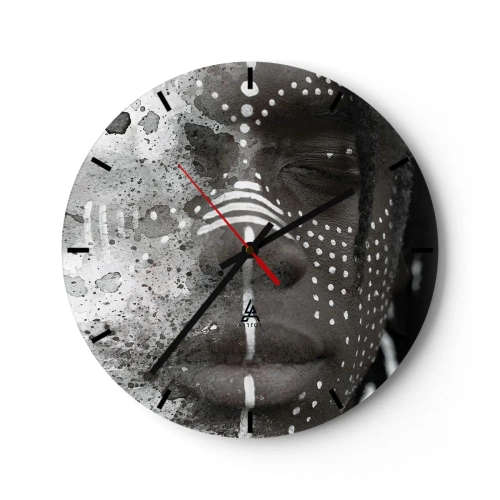 Reloj de pared - Reloj de vidrio - Retrato de una persona con pintura facial simbólica en tonos de gris. - 30x30cm - Descubrimiento del espíritu original - Decoración de pared moderna para salón, cocina y dormitorio ARTTOR