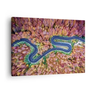 Cuadro sobre lienzo - Impresión de Imagen - Un camino sinuoso en un bosque otoñal visto a vista de pájaro - 70x50cm - Un camino sinuoso a través del bosque - Decoración de pared moderna para salón y dormitorio ARTTOR