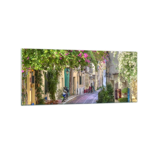 Cuadro sobre vidrio - Impresiones sobre Vidrio - Una calle encantadora con vides en flor y mesas de café. - 120x50cm - Un callejón floreciente - Decoración de pared moderna para salón y dormitorio ARTTOR