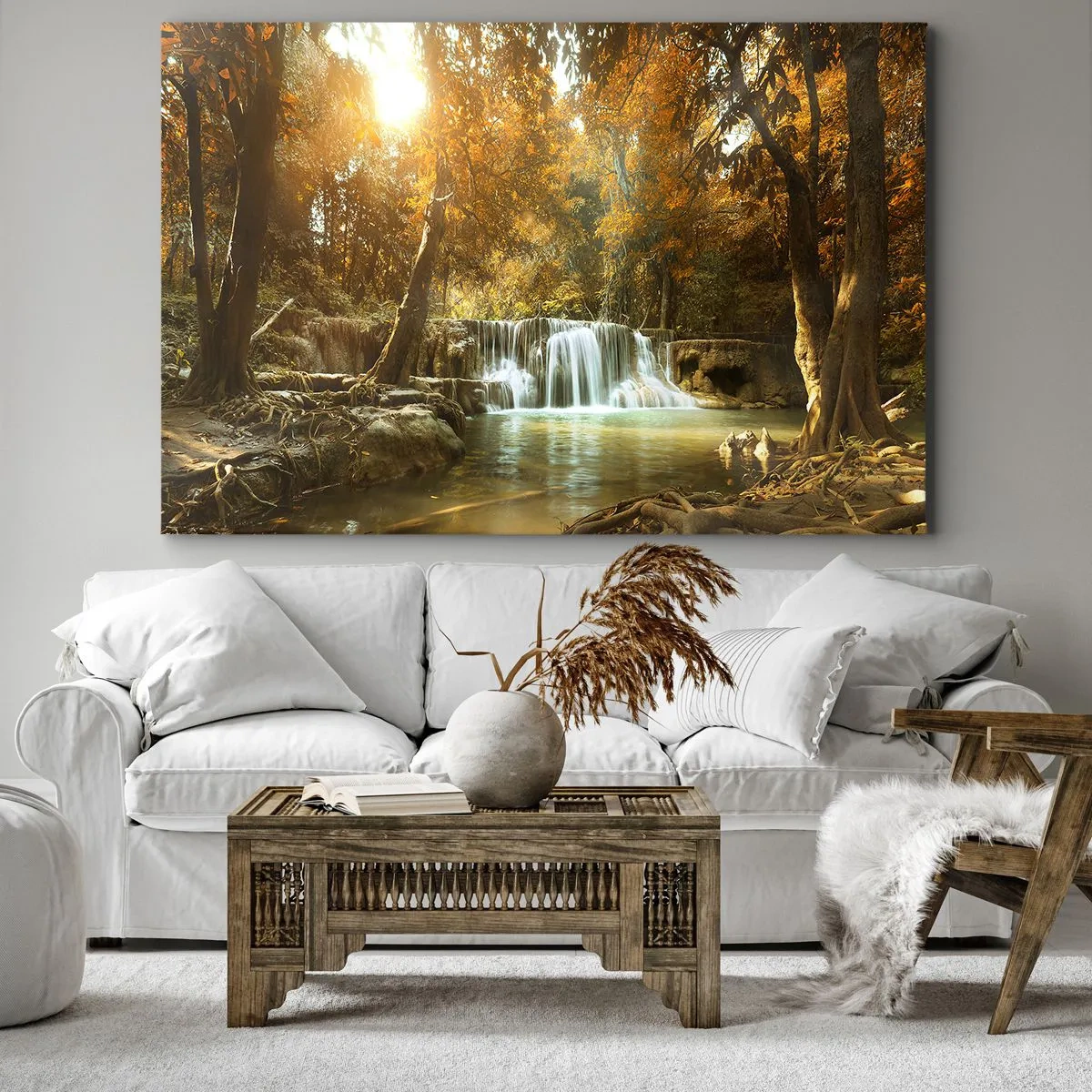 Cuadro sobre lienzo - Impresión de Imagen - Paisaje otoñal con cascada - 70x50cm - Una cascada en el parque - Decoración de pared moderna para salón y dormitorio ARTTOR
