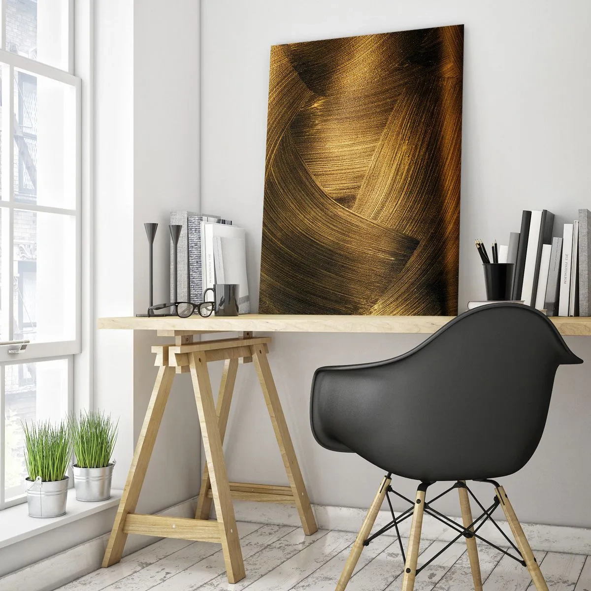 Cuadro sobre vidrio - Impresiones sobre Vidrio - Una pintura abstracta que representa líneas geométricas doradas sobre un fondo. - 50x70cm - En un laberinto de oro - Decoración de pared moderna para salón y dormitorio ARTTOR