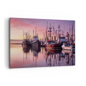 Cuadro sobre lienzo - Impresión de Imagen - Barcos de pesca en el puerto al atardecer - 100x70cm - Descanso antes de partir - Decoración de pared moderna para salón y dormitorio ARTTOR