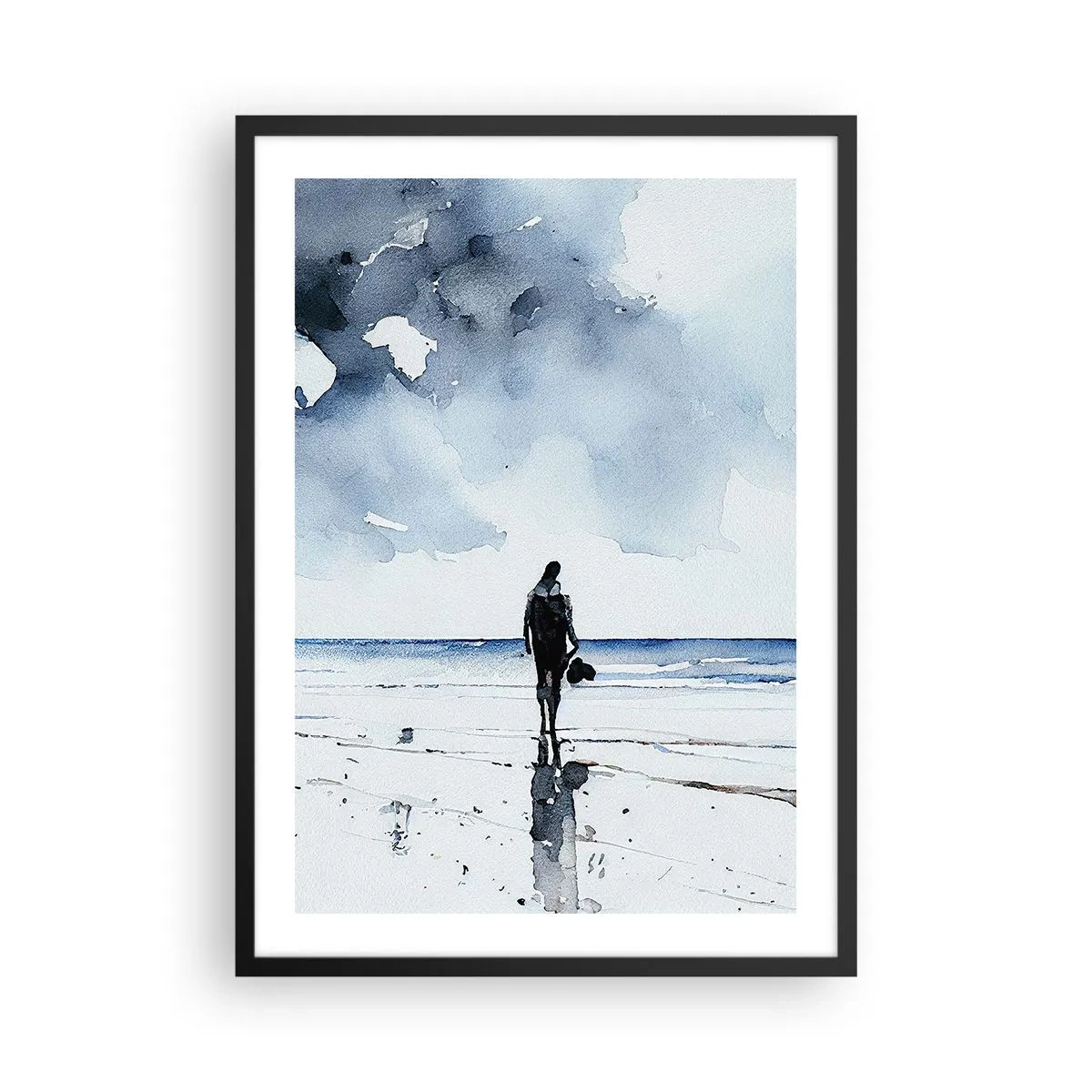 Póster en marco negro - Paisaje de acuarela con una figura en la playa. - 50x70cm - Conversación con el mar - Decoración de pared moderna para salón y dormitorio ARTTOR