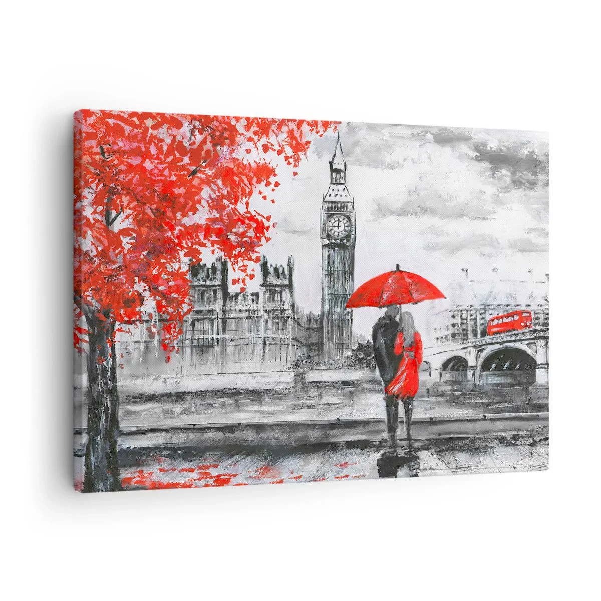 Cuadro sobre lienzo - Impresión de Imagen - Escena romántica con el Big Ben y un paraguas rojo. - 70x50cm - Londres enamora - Decoración de pared moderna para salón y dormitorio ARTTOR