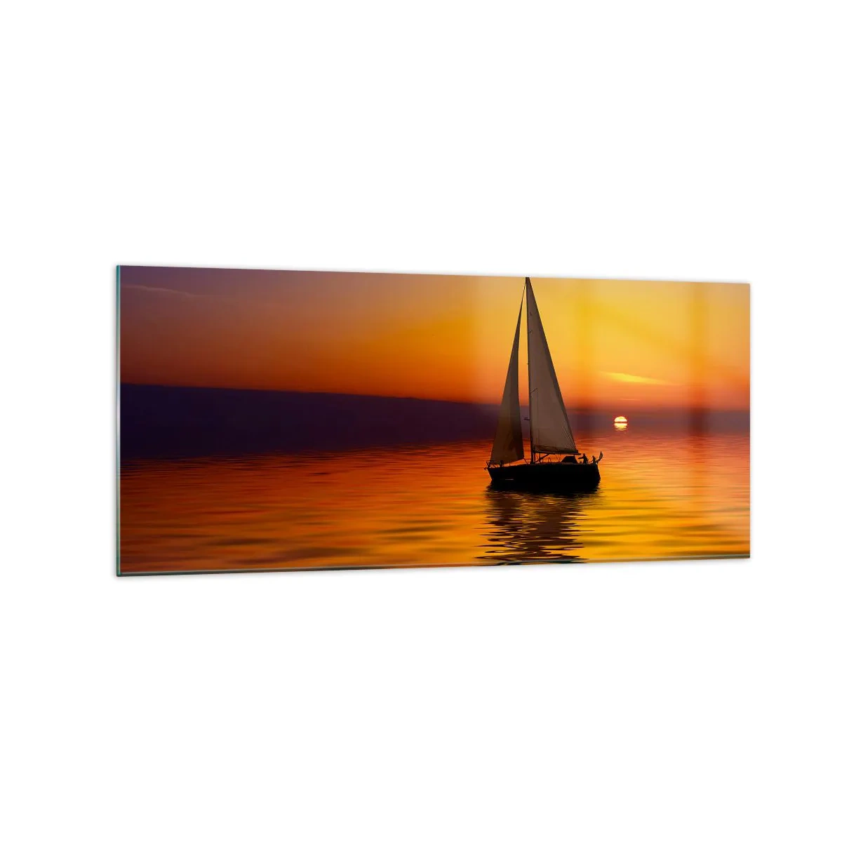 Cuadro sobre vidrio - Impresiones sobre Vidrio - Un velero en un mar tranquilo al atardecer. - 120x50cm - Qué tranquilo el anochecer… - Decoración de pared moderna para salón y dormitorio ARTTOR