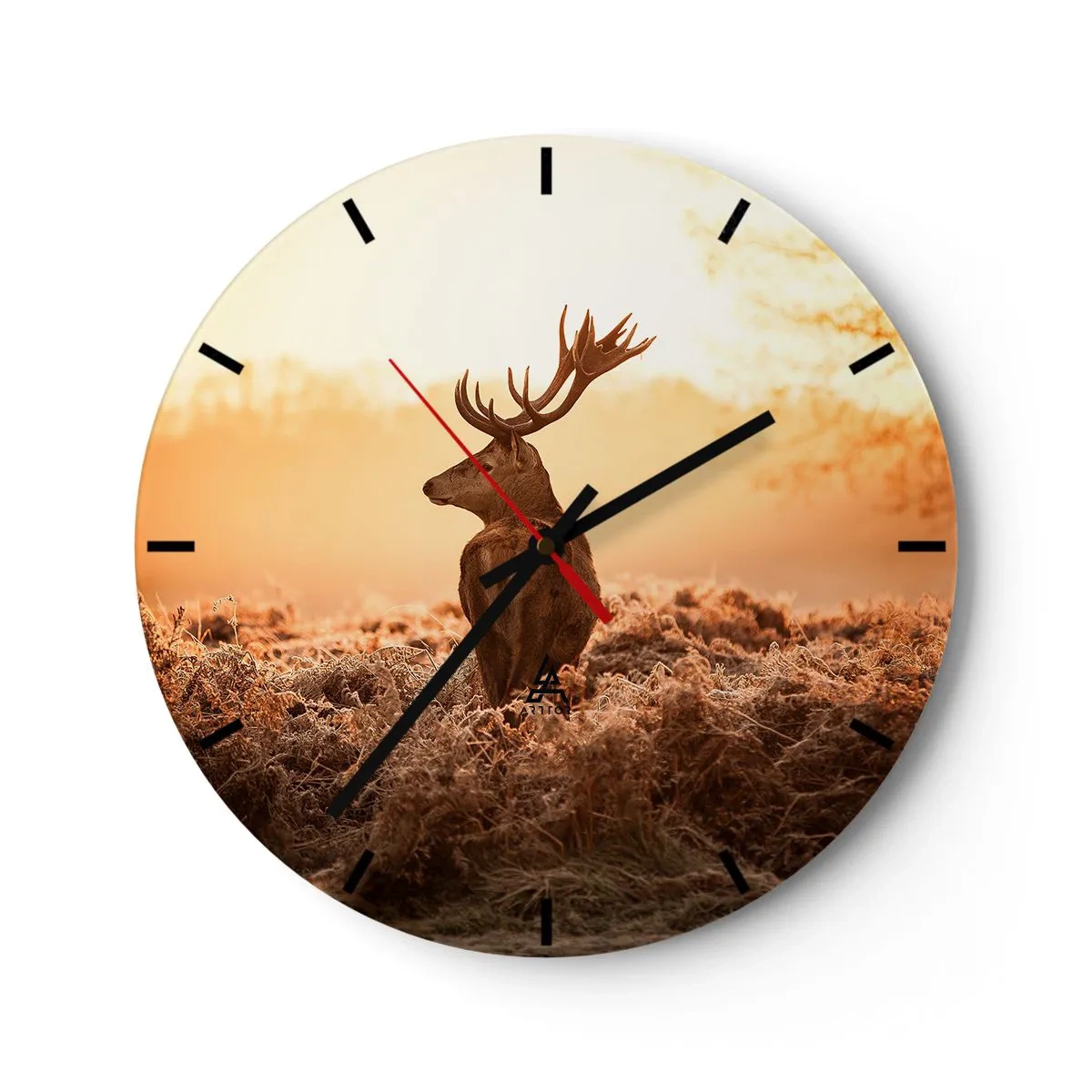 Reloj de pared - Reloj de vidrio - Ciervos en la niebla matutina en cálidos tonos dorados. - 30x30cm - Un líder por derecho - Decoración de pared moderna para salón, cocina y dormitorio ARTTOR