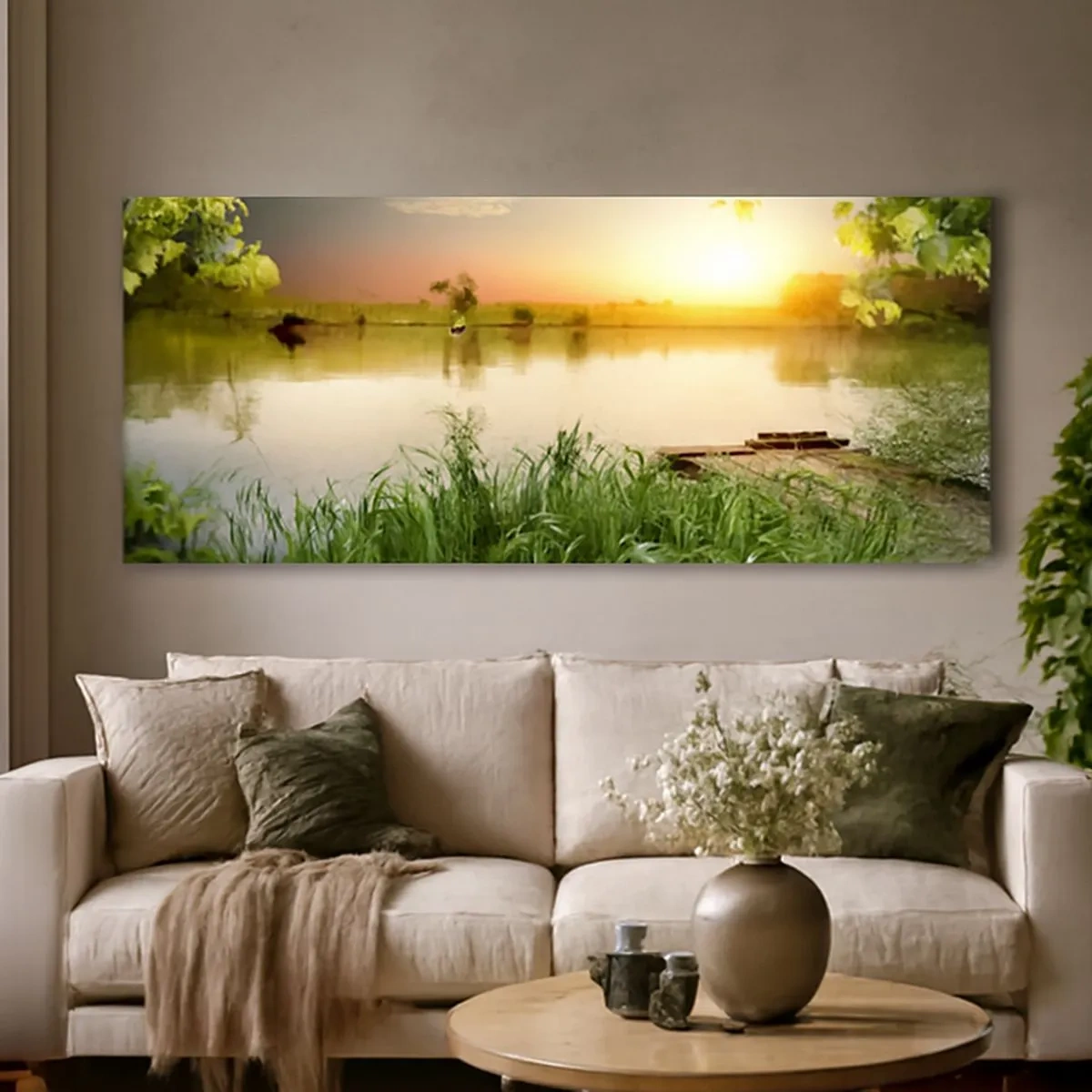 Cuadro sobre lienzo - Impresión de Imagen - Paisaje en un marco verde - 100x40 cm