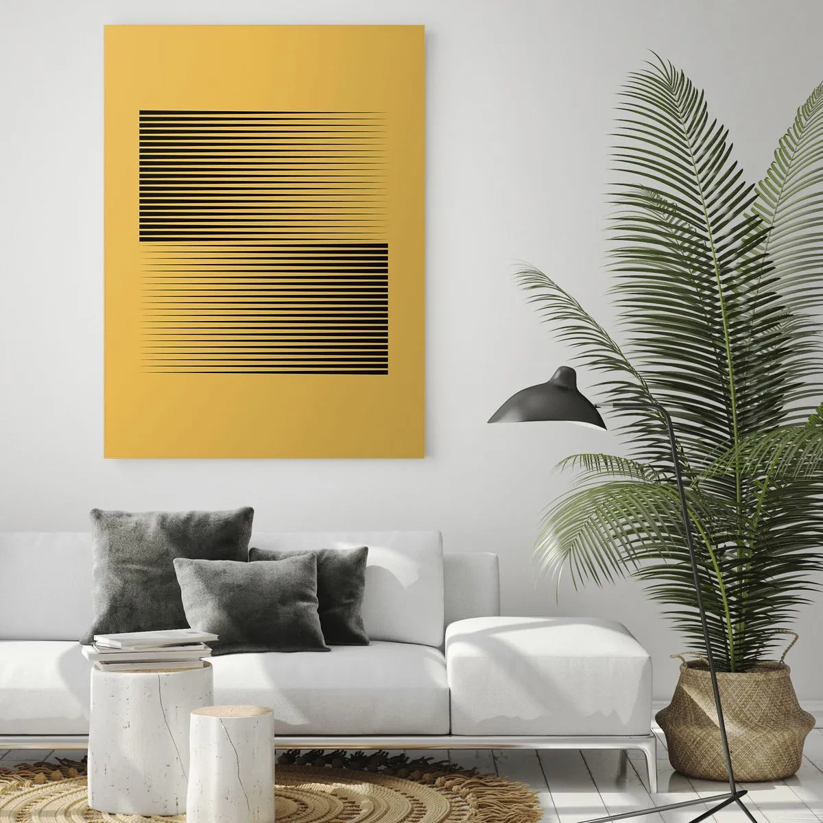 Cuadro sobre vidrio - Impresiones sobre Vidrio - Líneas negras verticales sobre un fondo amarillo - 70x100cm - Cuadrado de opuestos - Decoración de pared moderna para salón y dormitorio ARTTOR