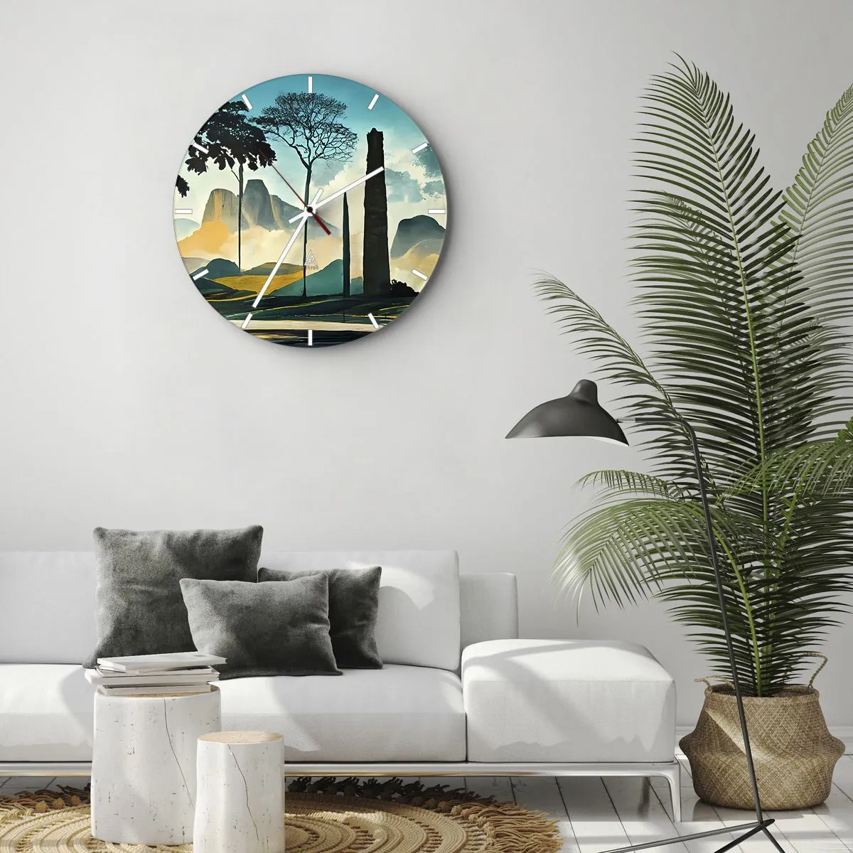 Reloj de pared - Reloj de vidrio - Árboles y formaciones rocosas con un fondo de montañas por la mañana. - 30x30cm - Cada vez a más altitud - Decoración de pared moderna para salón, cocina y dormitorio ARTTOR