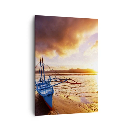 Cuadro sobre lienzo - Impresión de Imagen - Barco azul en la playa al atardecer - 50x70cm - Después de un largo día, relájate en la arena - Decoración de pared moderna para salón y dormitorio ARTTOR