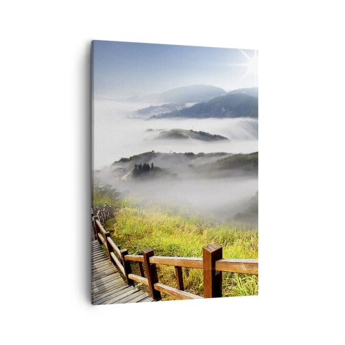 Cuadro sobre lienzo - Impresión de Imagen - Un sendero de madera entre las montañas brumosas por la mañana. - 50x70cm - Tejido de resplandor y niebla - Decoración de pared moderna para salón y dormitorio ARTTOR