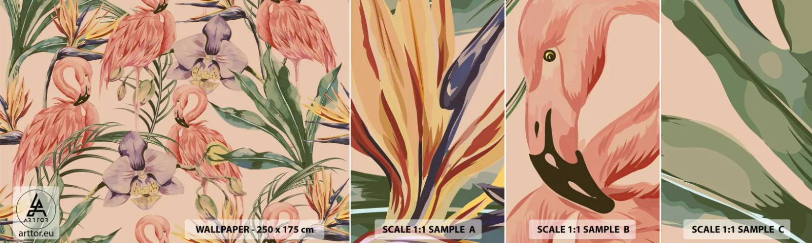 Muestra de fotomural autoadhesivo Deluxe Sticker - Un ballet rosa en flores - Pájaro, Flamenco, Selva - 100x30 cm