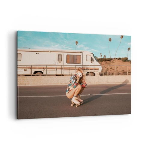 Cuadro sobre lienzo - Impresión de Imagen - Una chica en patines tomando una foto en un día soleado. - 100x70cm - ¡Sonrían, por favor! - Decoración de pared moderna para salón y dormitorio ARTTOR