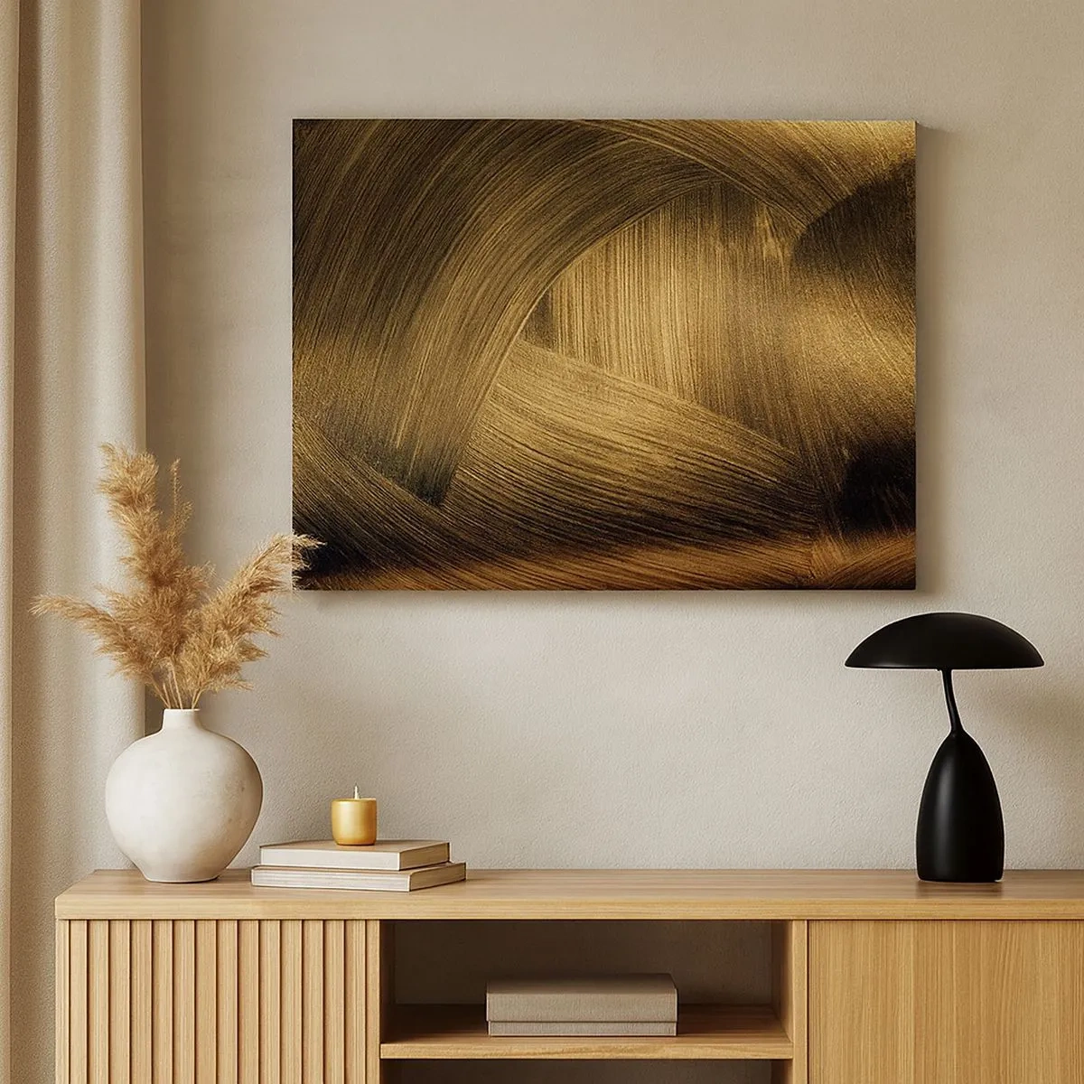 Cuadro sobre lienzo - Impresión de Imagen - Pinceladas abstractas doradas - 70x50cm - En un laberinto de oro - Decoración de pared moderna para salón y dormitorio ARTTOR