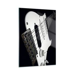 Cuadro sobre vidrio - Impresiones sobre Vidrio - Primer plano de una guitarra eléctrica blanca sobre un fondo oscuro - 50x70cm - Oculto en blanco está el sonido - Decoración de pared moderna para salón y dormitorio ARTTOR