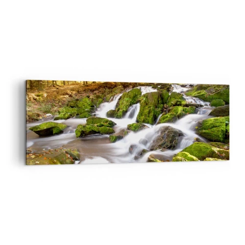 Cuadro sobre lienzo - Impresión de Imagen - Un paisaje boscoso con una cascada rodeada de musgo. - 140x50cm - Atravesando el bosque otoñal - Decoración de pared moderna para salón y dormitorio ARTTOR