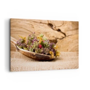 Cuadro sobre lienzo - Impresión de Imagen - Hierbas secas en una cuchara de madera sobre un fondo de madera natural. - 120x80cm - Flores coloridas y hierbas aromáticas - Decoración de pared moderna para salón y dormitorio ARTTOR