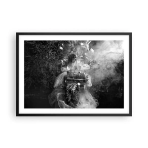 Póster en marco negro - Una composición en blanco y negro con una figura con un vestido y una jaula en la niebla. - 70x50cm - La madre misma - La naturaleza - Decoración de pared moderna para salón y dormitorio ARTTOR