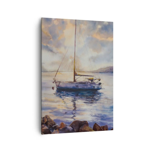 Cuadro sobre lienzo - Impresión de Imagen - Un yate en un mar tranquilo al atardecer. - 70x100cm - Atardecer en la bahía - Decoración de pared moderna para salón y dormitorio ARTTOR