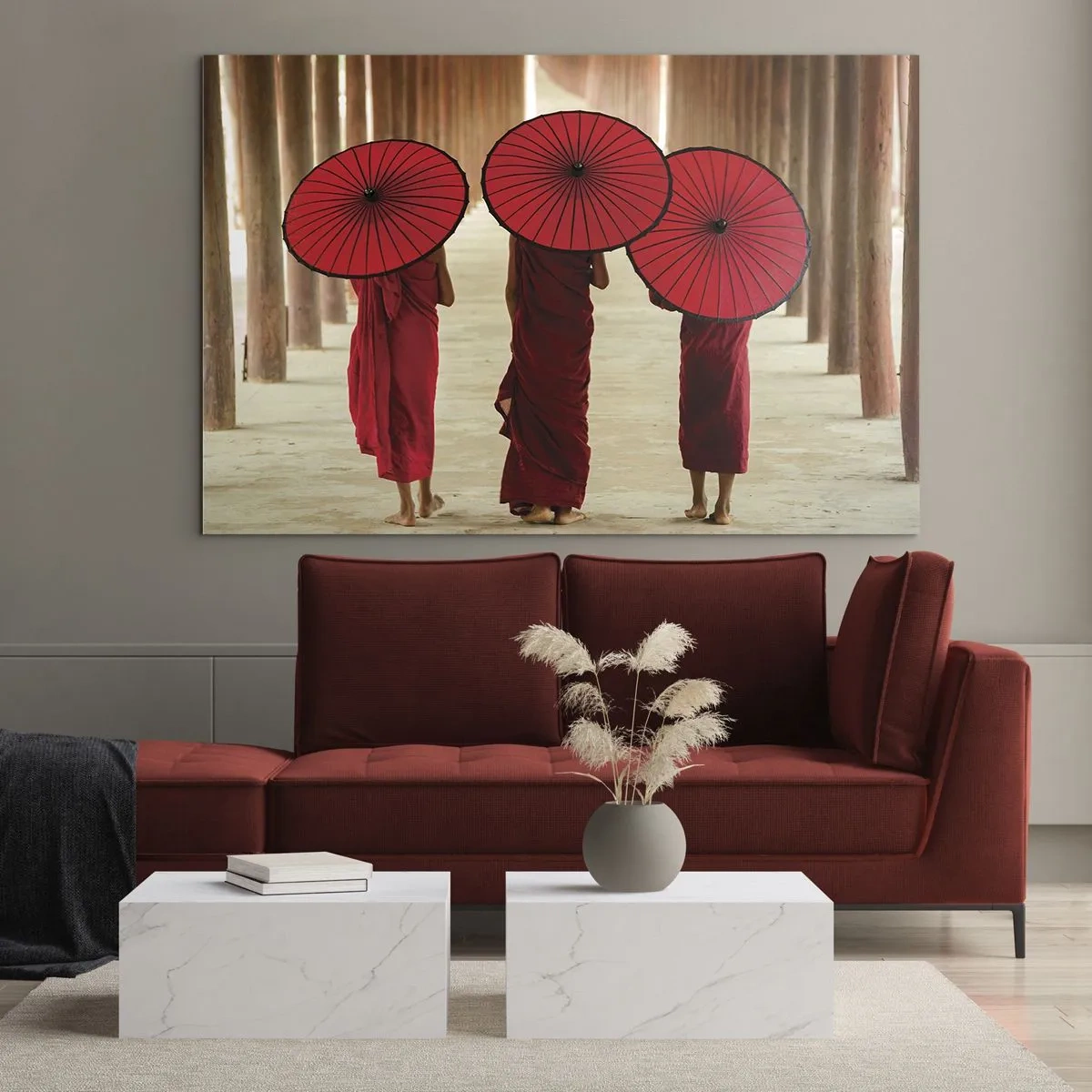 Cuadro sobre vidrio - Impresiones sobre Vidrio - Monjes con paraguas rojos caminando por un pasillo de madera - 120x80cm - En el camino a la Tierra Pura - Decoración de pared moderna para salón y dormitorio ARTTOR