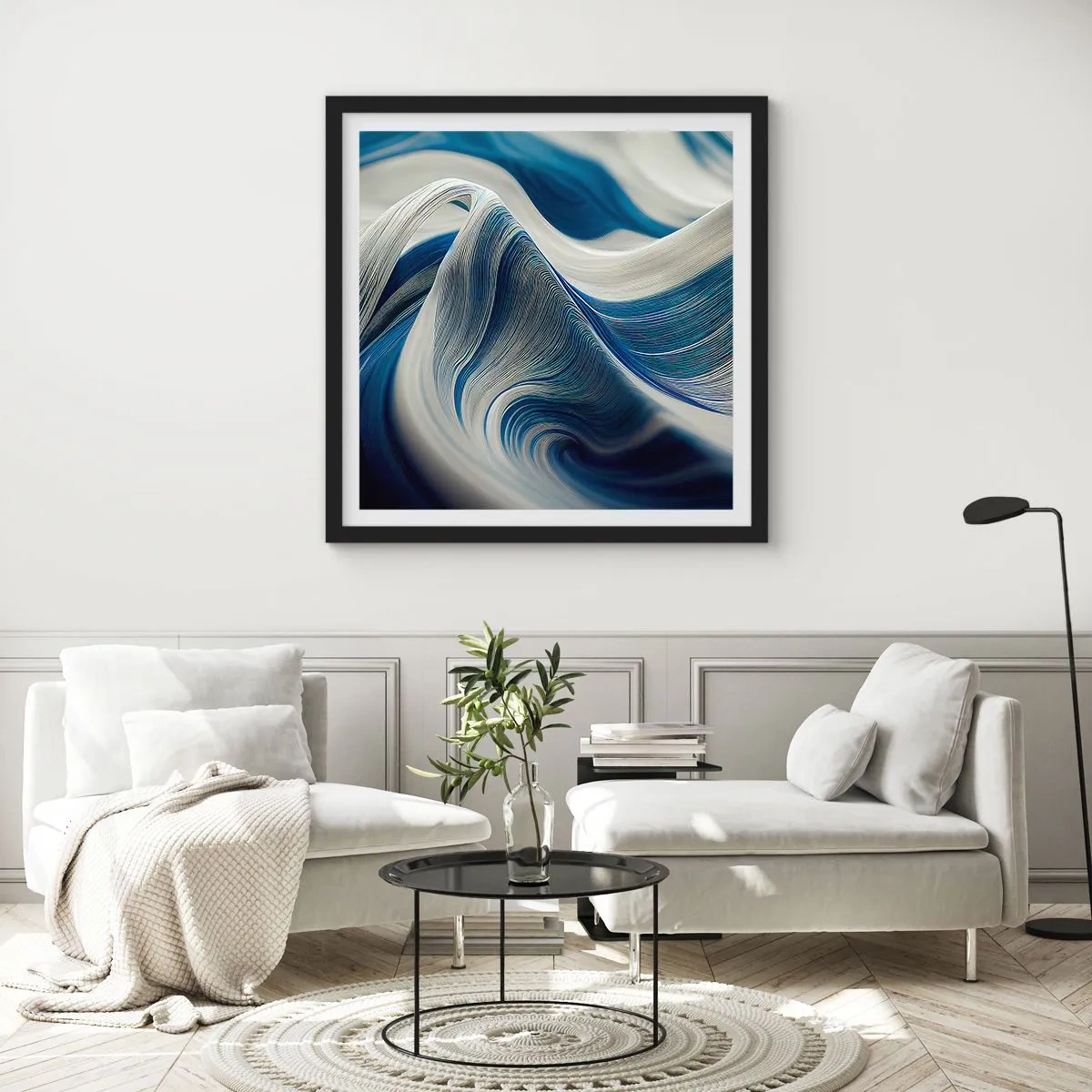 Póster en marco negro - Fluidez de azul y blanco - 30x30 cm